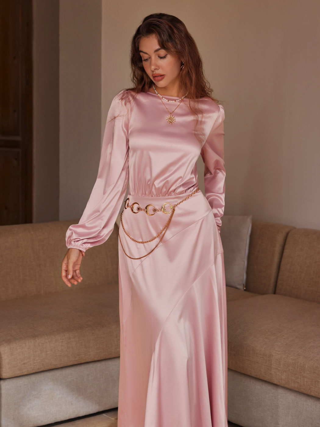 Satin Round Neckline Cinched Waist Ruffle Maxi Dress