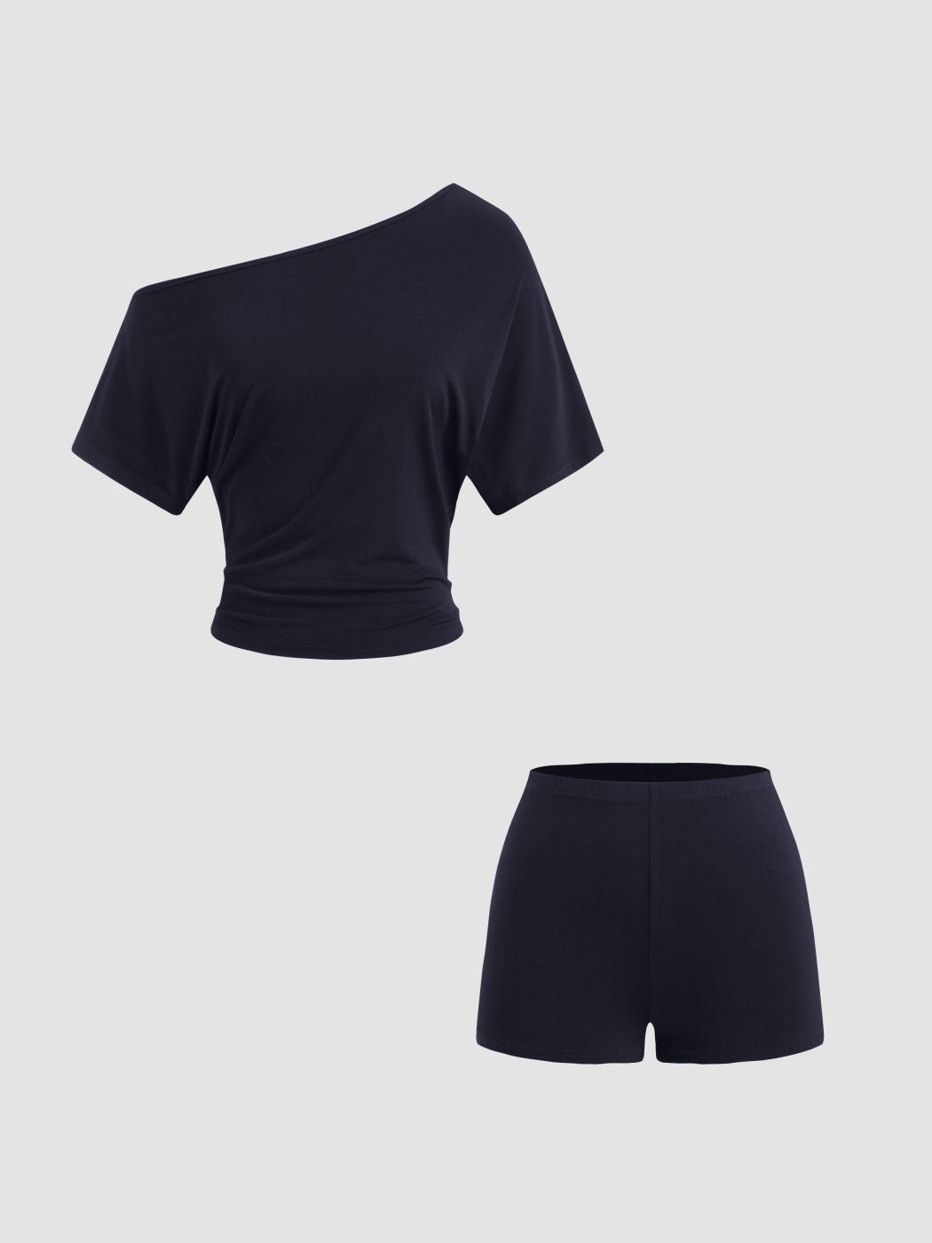 CDR Asymmetrical Neck Ruched Top & Mid Rise Micro Shorts Set
