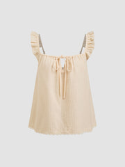 100% Cotton Square Neck Cut Out Knotted Lettuce Trim Top & High Rise Lace Trim Shorts Loungewear Set