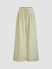 Mid Rise Stripes Drawstring Roll Hem Straight Leg Trousers