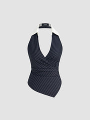 Polo Neck Stripe Ruched Shirred Asymmetrical Hem Top