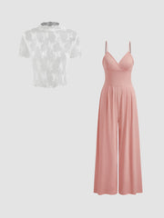 Lace See-through Top & V Neck Wide Leg Jumpsuit