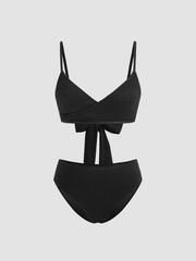 Texture V-neck Bowknot Criss-Cross Cheeky Bikini Set