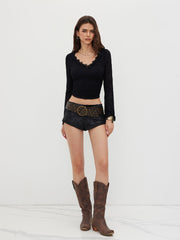 Lace V-neck Bowknot Ruched Long Sleeve Top