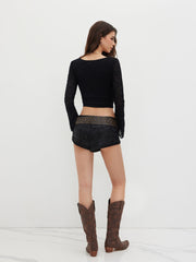 Lace V-neck Bowknot Ruched Long Sleeve Top
