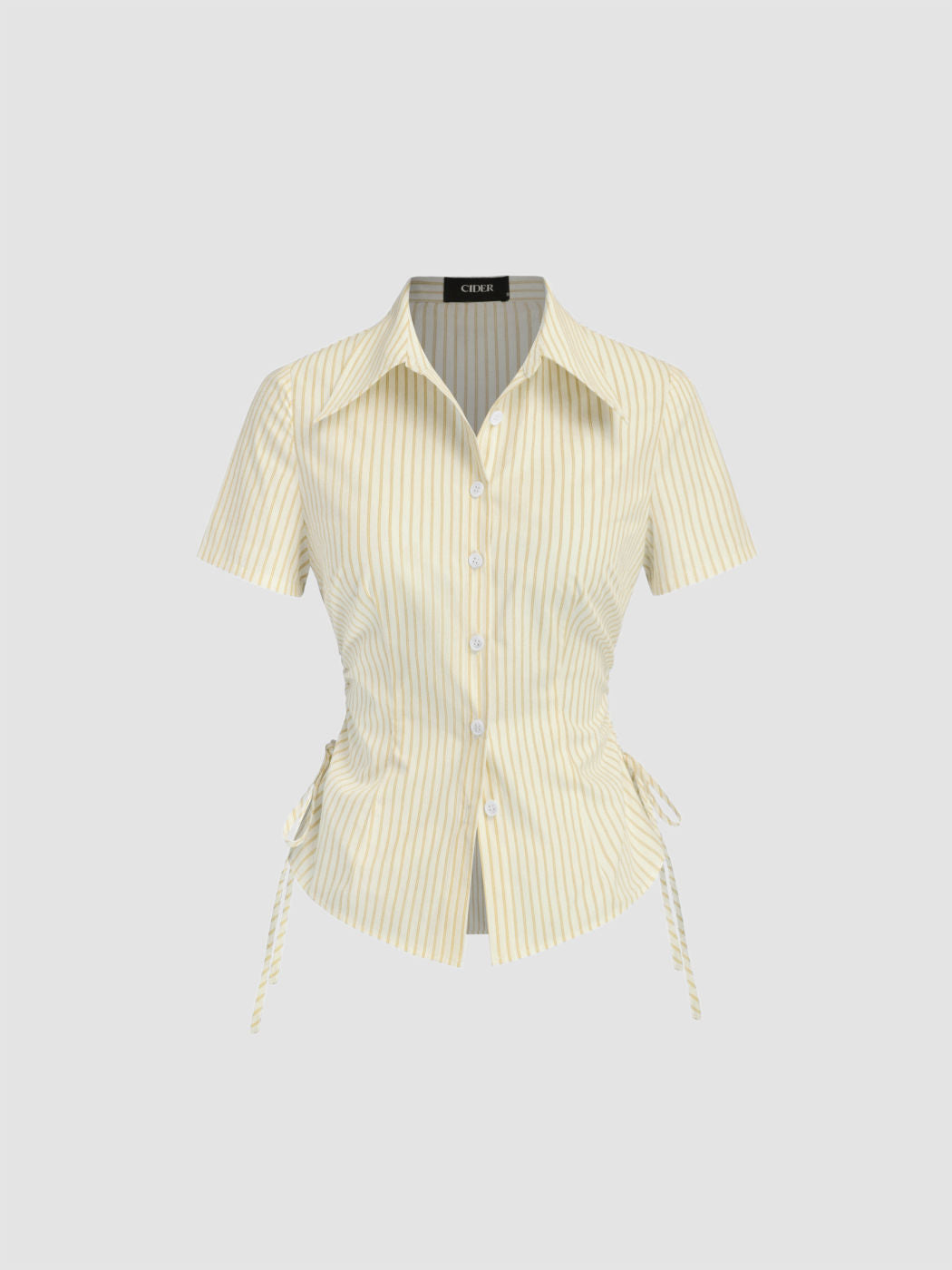 Cotton-blend Polo Collar Stripe Drawstring Knotted Shirt