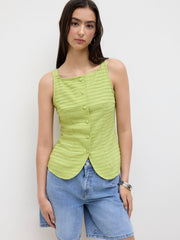 Boat Neck Texture Button Up Tank Top