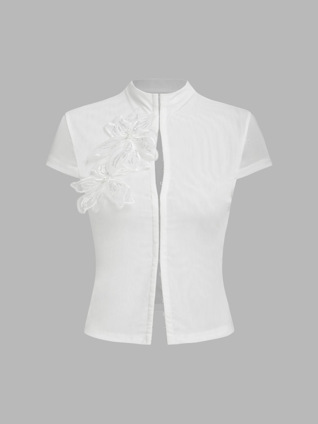 Mesh Stand Collar Sequin Flower See-through Tie Front Top
