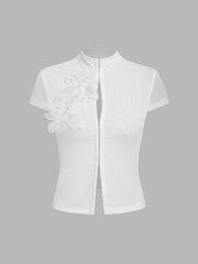 Mesh Stand Collar Sequin Flower See-through Tie Front Top