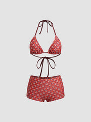 Halter Neckline Geometric Floral Shorts Bikini Set