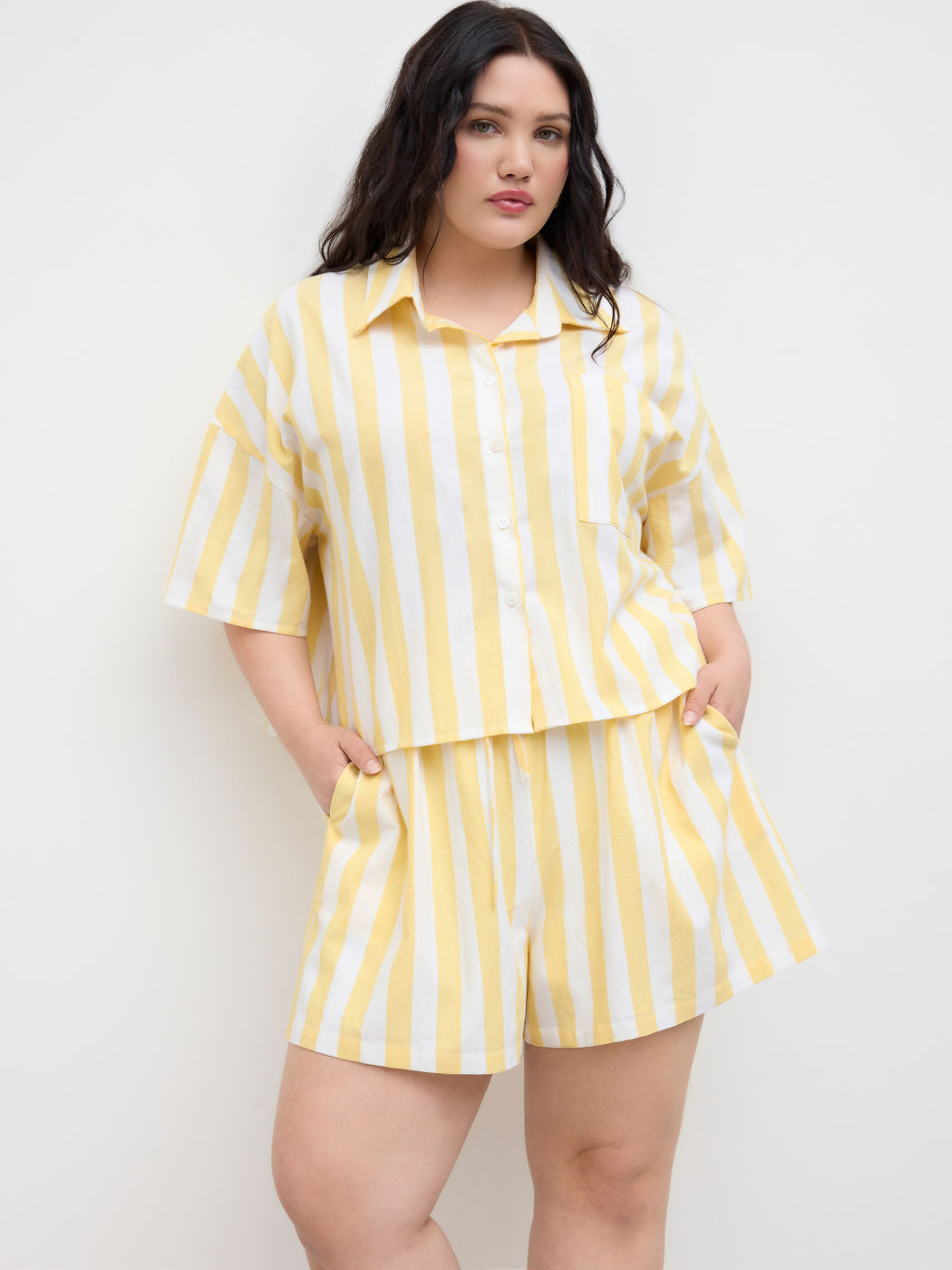 Cotton Collar Stripe Oversized Shirt & Mid Rise Drawstring Shorts Curve & Plus