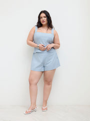 Linen-blend Mid Rise Houndstooth Side Button Shorts Curve & Plus