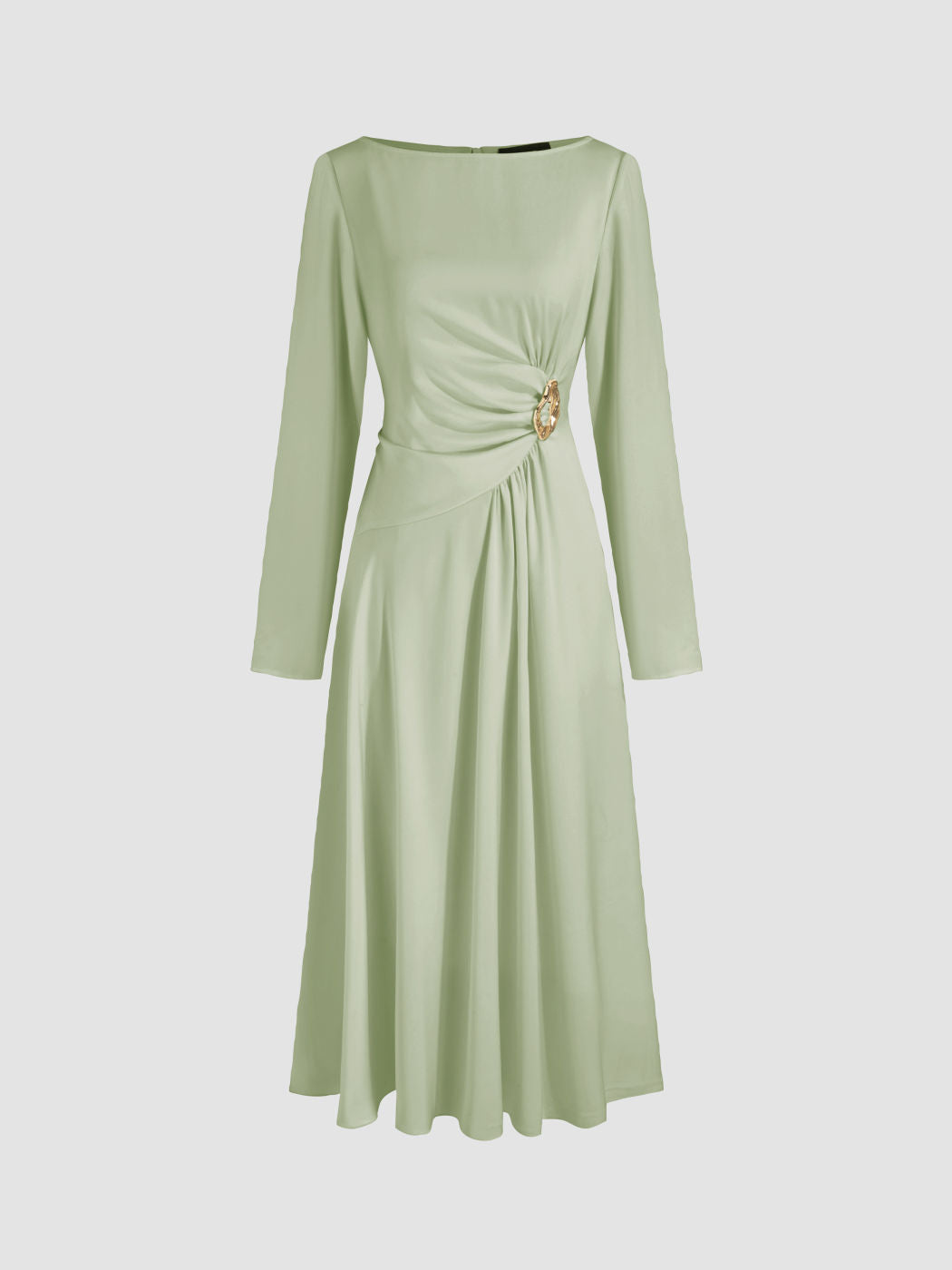 Satin Boat Neck Metal Detail Ruched Knotted Ruffle Midi Dress