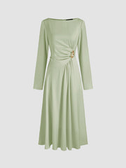 Satin Boat Neck Metal Detail Ruched Knotted Ruffle Midi Dress