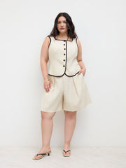 Linen-blend Boat Neck Contrasting Binding Vest Curve & Plus