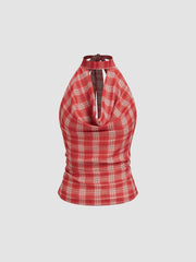 Chiffon Cowl Neck Tartan Knotted Ruched Top