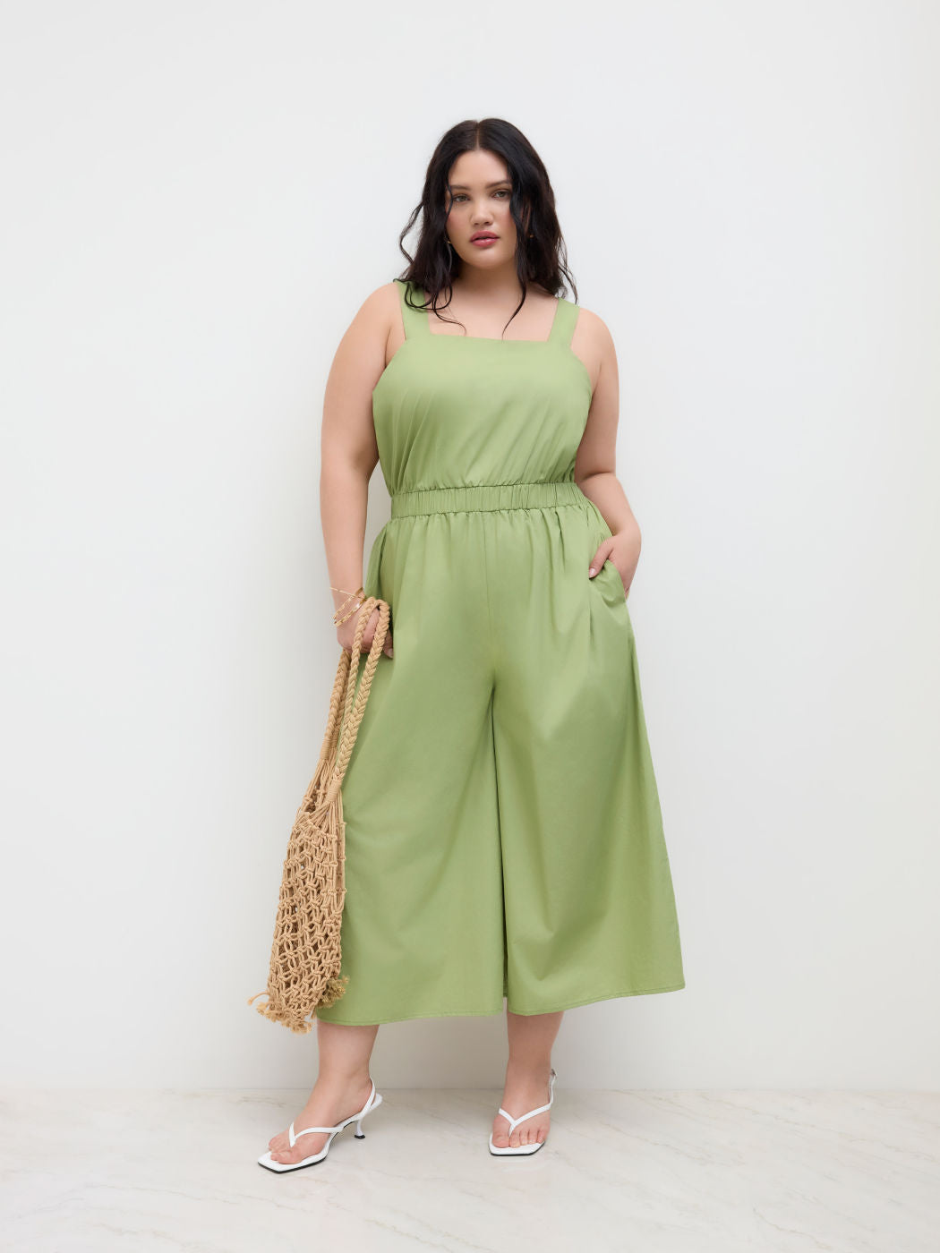 Cotton Square Neck Elastic Waist Wide Leg Jumpsuit Curve & Plus