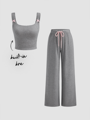 Built-in Bra Square Neck Bowknot Lace Trim Crop Tank Top & Mid Rise Drawstring Wide Leg Trousers Loungewear Set