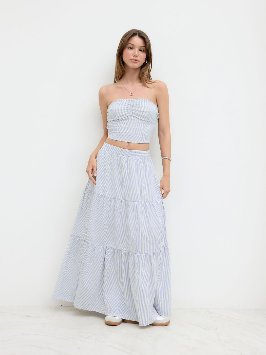 Cotton-blend Stripe Ruched Shirred Bandeau Top & Mid Rise Tiered Skirt Set