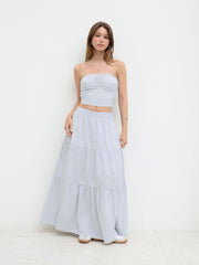 Cotton-blend Stripe Ruched Shirred Bandeau Top & Mid Rise Tiered Skirt Set