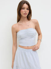 Cotton-blend Stripe Ruched Shirred Bandeau Top & Mid Rise Tiered Skirt Set