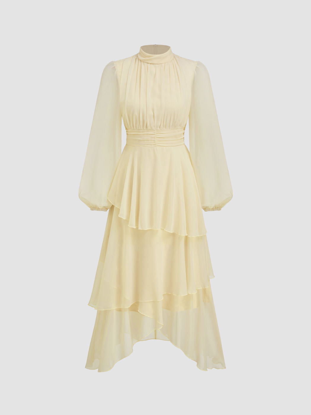 Chiffon Stand Collar Ruched Layered Asymmetrical Hem Maxi Dress