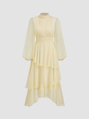 Chiffon Stand Collar Ruched Layered Asymmetrical Hem Maxi Dress