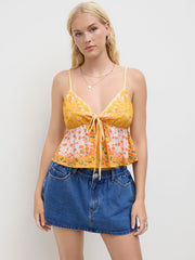 V-neck Floral Knotted Ruffle Hem Cami Top