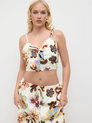 V-neck Floral Bowknot Shirred Crop Cami Top