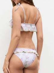 Square Neck Floral Bowknot Ruffle Lace Trim Bandeau Cheeky Bikini Set