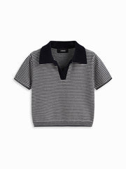 Knit Polo Neck Striped Crop Top