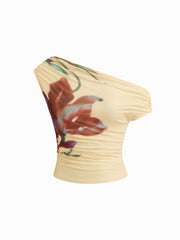 Mesh Asymmetrical Neck Floral Ruched Top