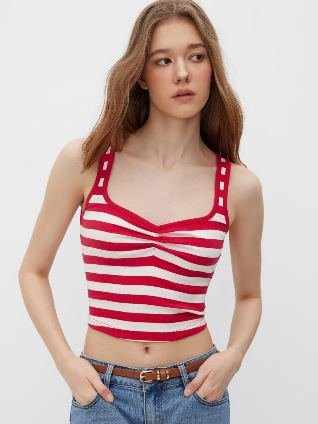 Cotton-blend Sweetheart Stripe Crop Tank Top