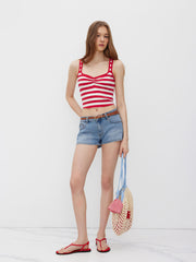 Cotton-blend Sweetheart Stripe Crop Tank Top