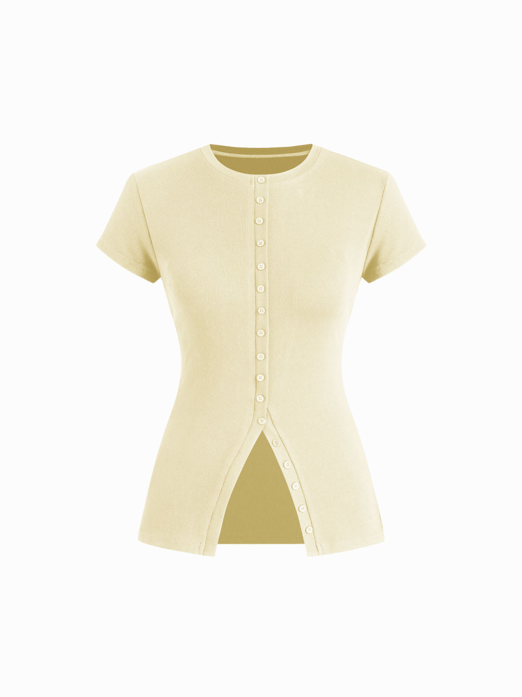 Cotton-blend Round Neckline Solid Button Short Sleeve Top