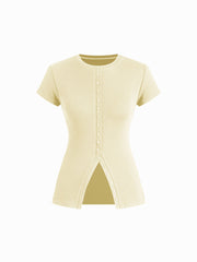 Cotton-blend Round Neckline Solid Button Short Sleeve Top