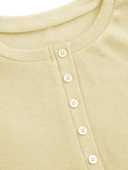 Cotton-blend Round Neckline Solid Button Short Sleeve Top