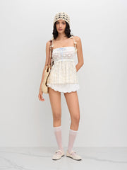 Knit Floral Hollow Out Bowknot Crochet Ruffle Bandeau Top