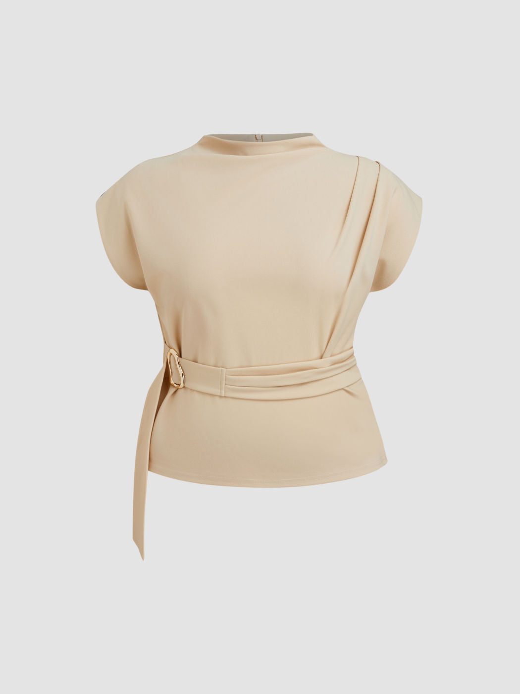 Stand Collar Belted Ruched Top Curve & Plus
