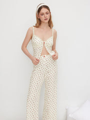 V-neck Ditsy Floral Lace Trim Split Cami Top & Mid Rise Wide Leg Trousers Loungewear Set