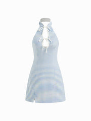 Tweed Mandarin Collar Cut Out Knotted Mini Dress
