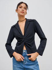Collar Solid Ruched Long Sleeve Blouse