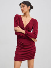 V-neck Twisted Ruched Mini Dress