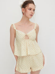 100% Cotton V-neck Floral Cut Out Knotted Lace Lettuce Trim Top & Mid Rise Shorts Loungewear Set