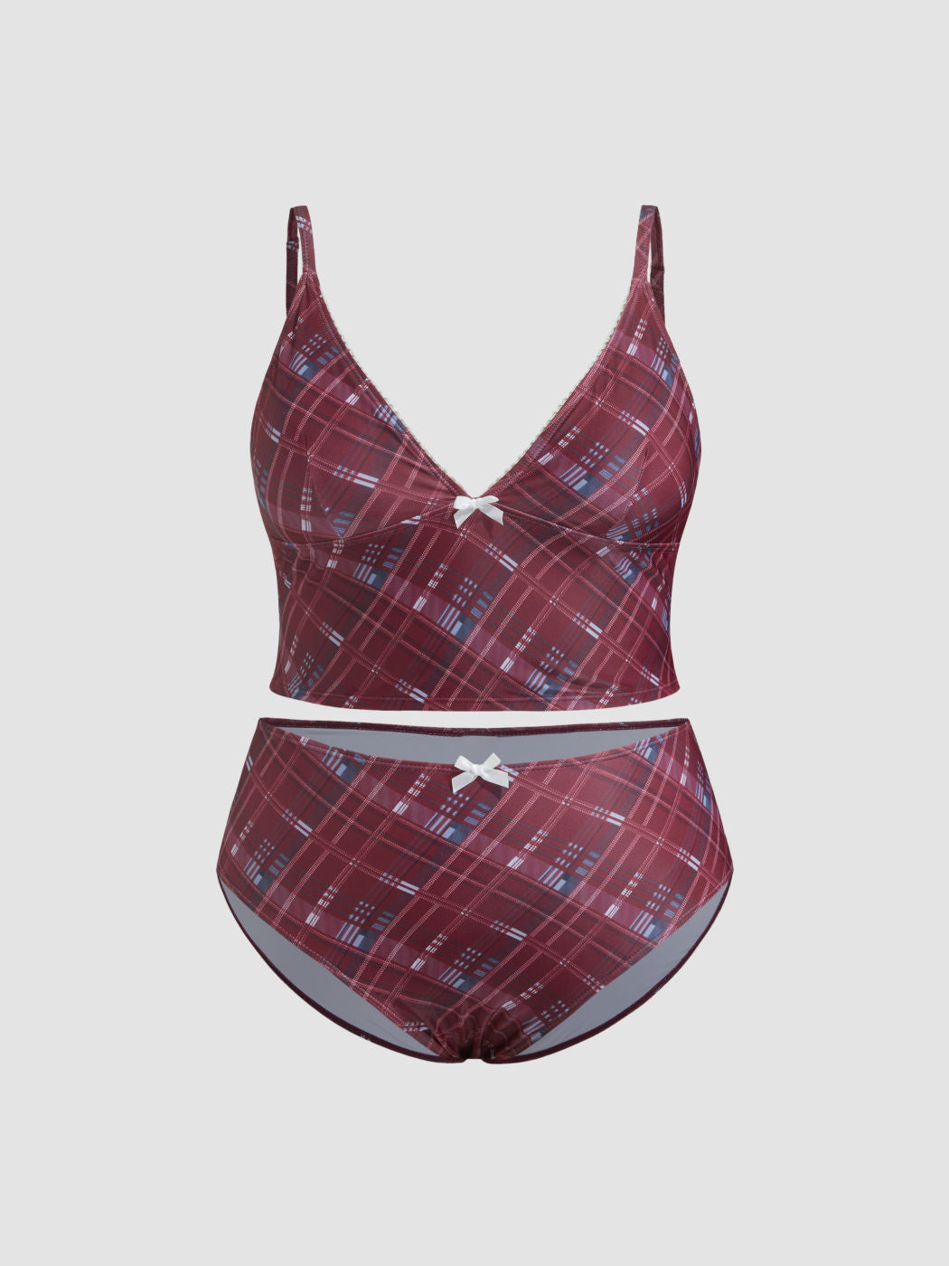 V-neck Check Bowknot Tankini Bikini Set Curve & Plus