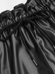 Faux Leather High Rise Elastic Waist Drawstring Ruffle Trim Shorts