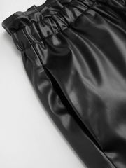 Faux Leather High Rise Elastic Waist Drawstring Ruffle Trim Shorts