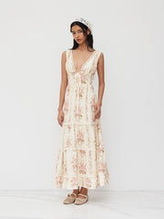 V-neck Lace Trim Floral Lace Up Layered Maxi Dress