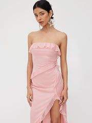 Squin Ruffle Split Bandeau Maxi Dress
