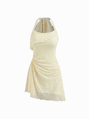 Lace Halter Neckline Ruched Asymmetrical Hem Cami Mini Dress